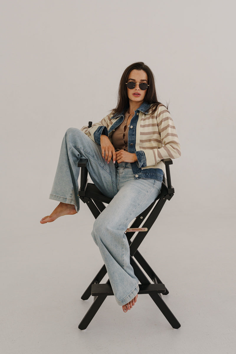 Long Sleeve Knit Denim Trim Stripe Print Shacket Taupe