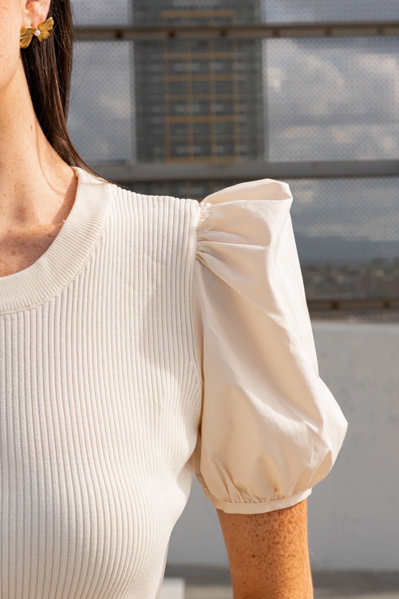 Short Puff Sleeve Knit Top Cream