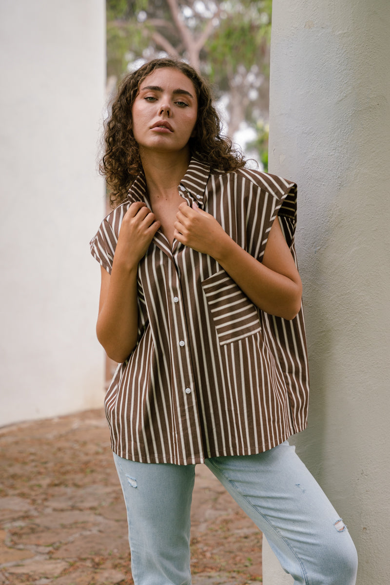 Short Sleeve Button Down Stripe Print Top Brown