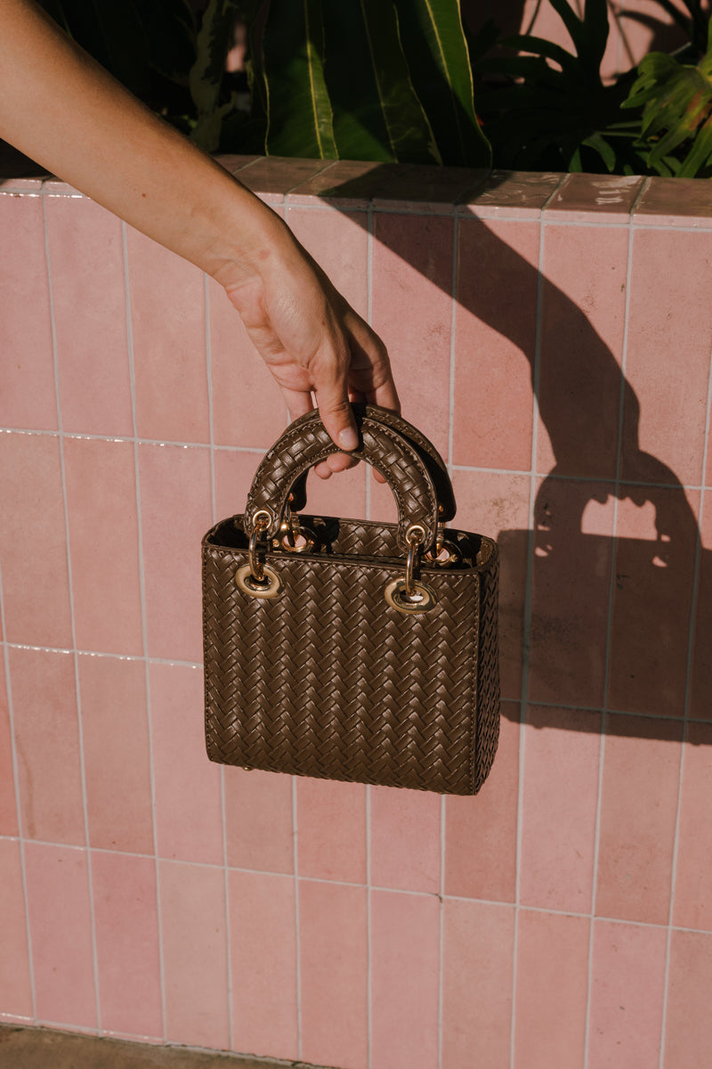 Top Handle Faux Leather Woven Handbag Brown