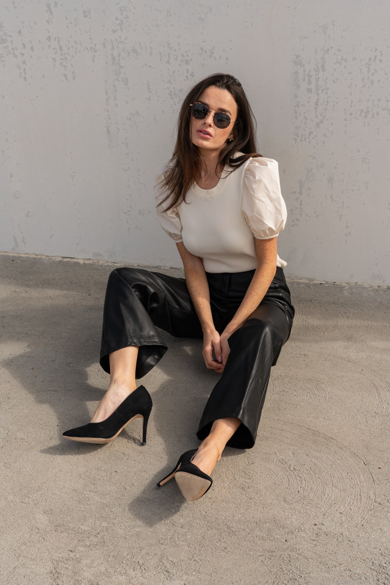 Short Puff Sleeve Knit Top Cream