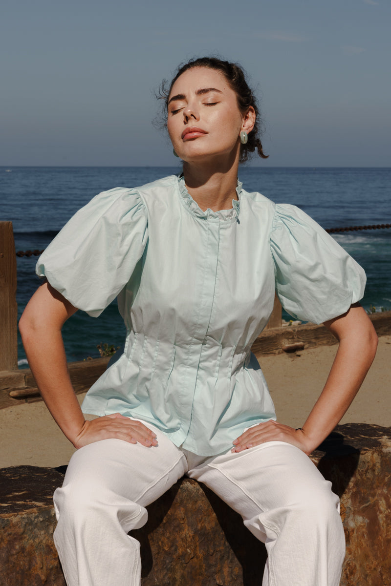 Short Puff Sleeve Button Down Pintuck Top Blue