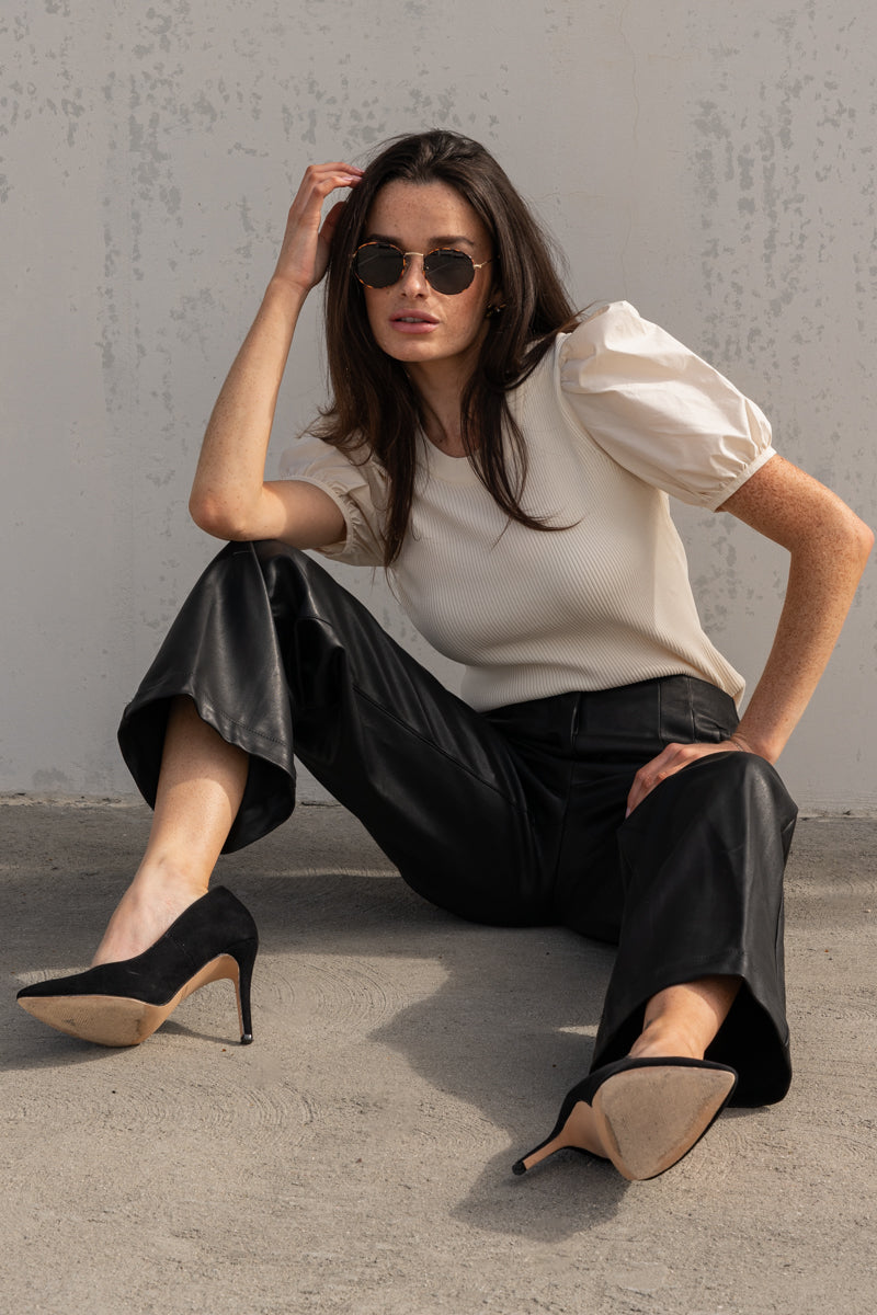 High Waist Faux Leather Wide Leg Pants Black