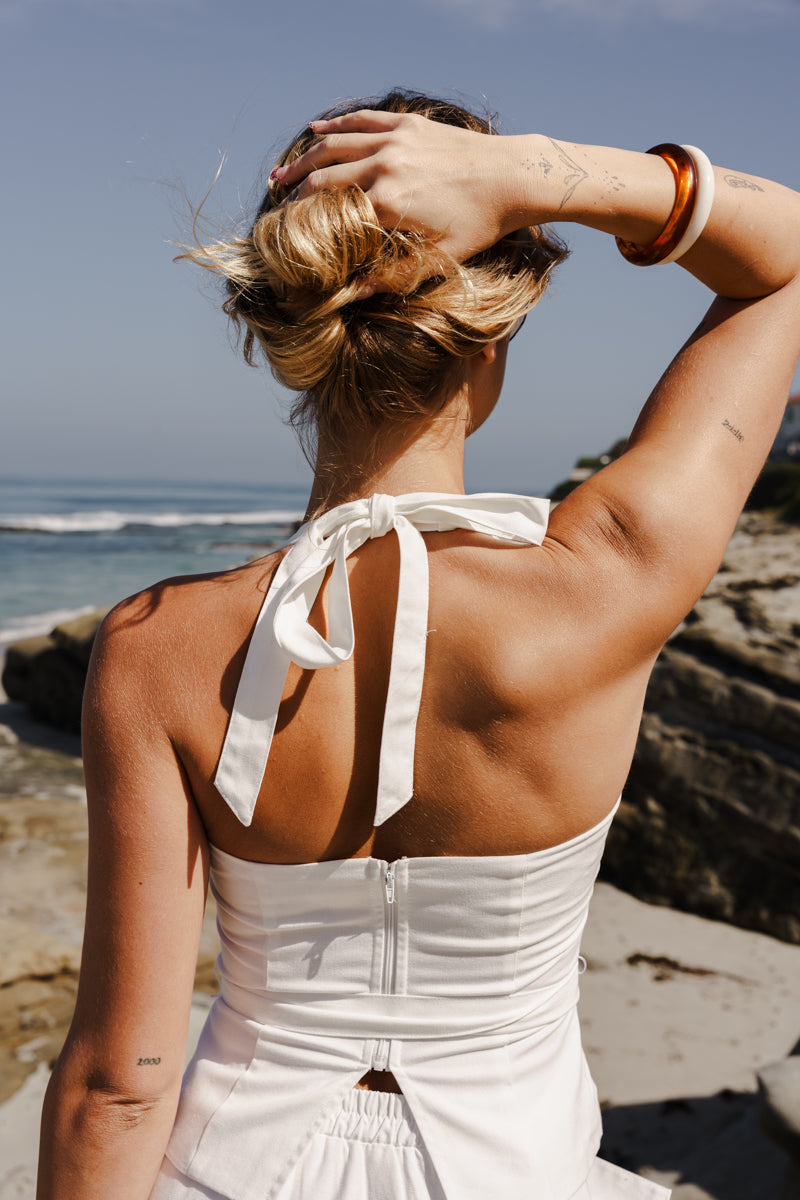 Sleeveless Halter Waist Tie Top And High Waist Maxi Skirt Set White