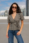 Short Puff Sleeve Front Tie Gingham Print Top Black