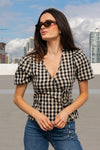 Short Puff Sleeve Front Tie Gingham Print Top Black