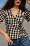 Short Puff Sleeve Front Tie Gingham Print Top Black