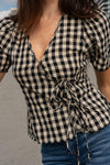 Short Puff Sleeve Front Tie Gingham Print Top Black