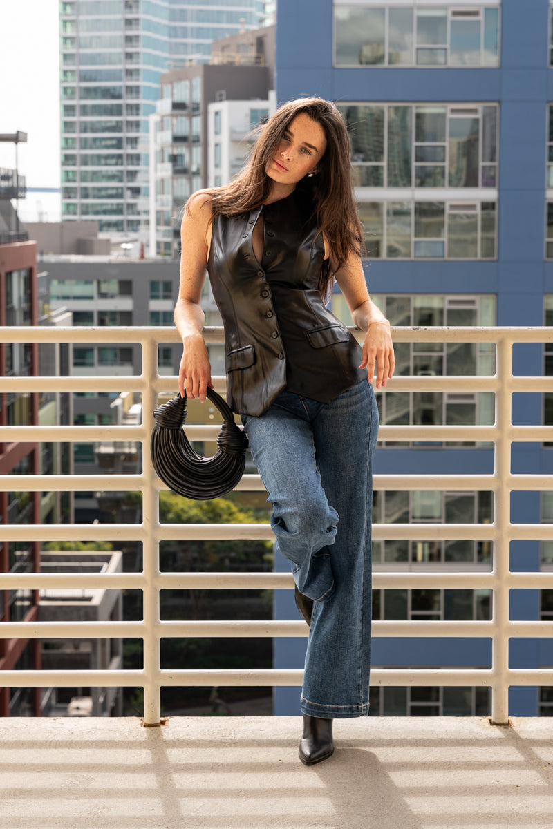 High Rise Double Waist Wide Leg Jeans Dark Wash