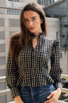 Long Puff Sleeve Button Down Plaid Print Peplum Top Black