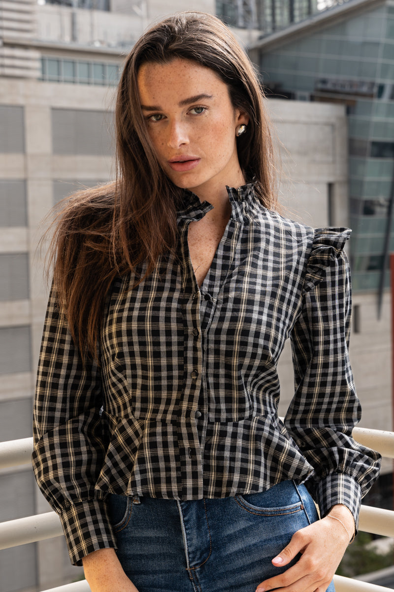 Long Puff Sleeve Button Down Plaid Print Peplum Top Black