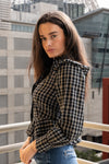 Long Puff Sleeve Button Down Plaid Print Peplum Top Black