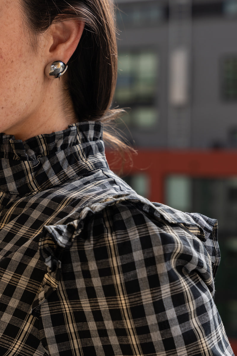 Long Puff Sleeve Button Down Plaid Print Peplum Top Black