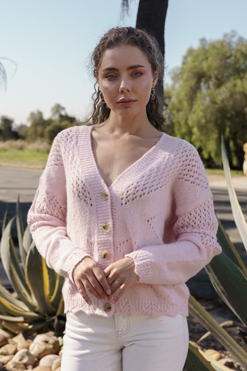Long Sleeve Button Down Open Knit Cardigan Pink