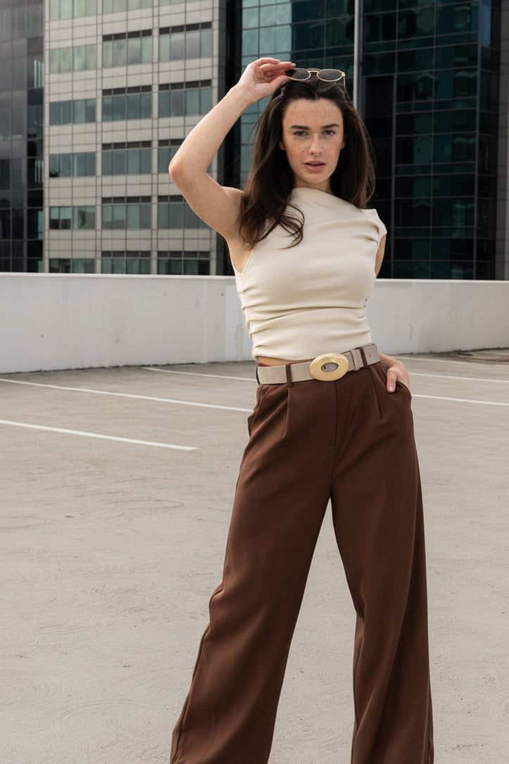High Waist Pleated Wide Leg Pants Brown