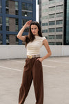 High Waist Pleated Wide Leg Pants Brown