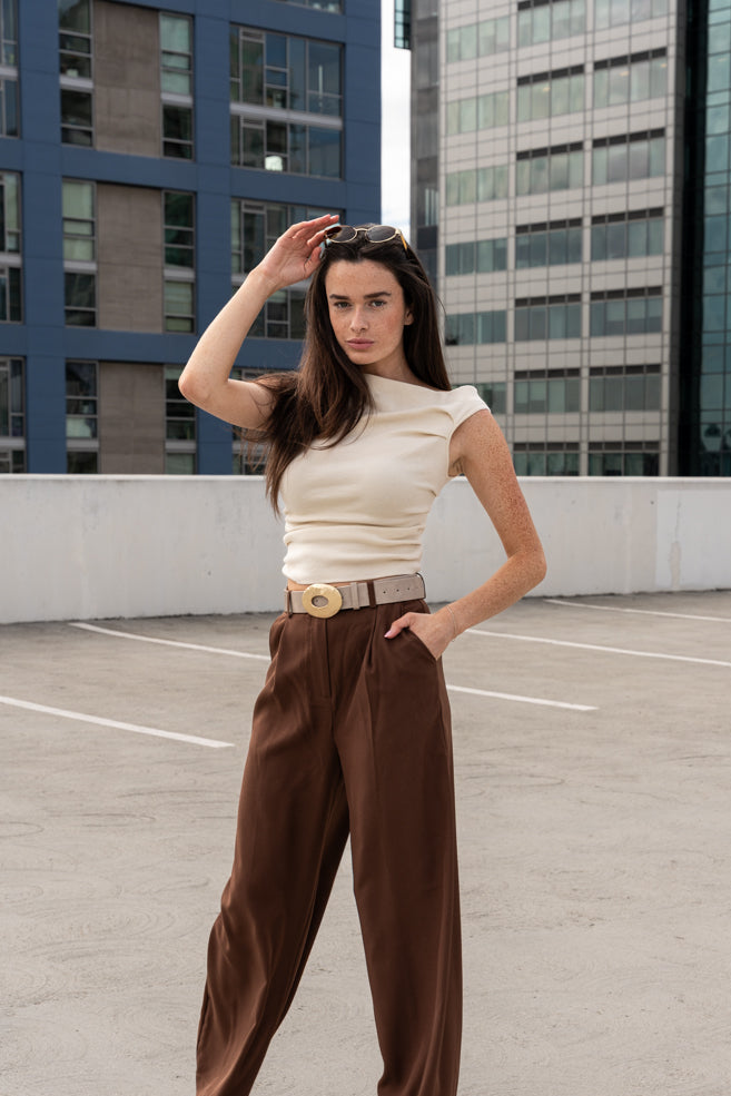 High Waist Pleated Wide Leg Pants Brown