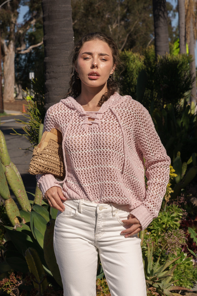 Long Sleeve Open Cable Knit Hoodie Sweater Pink