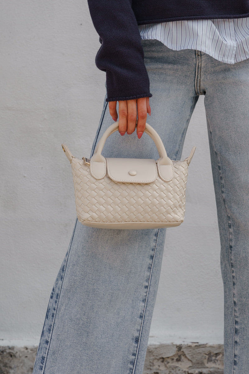 Top Handle Faux Leather Woven Handbag White