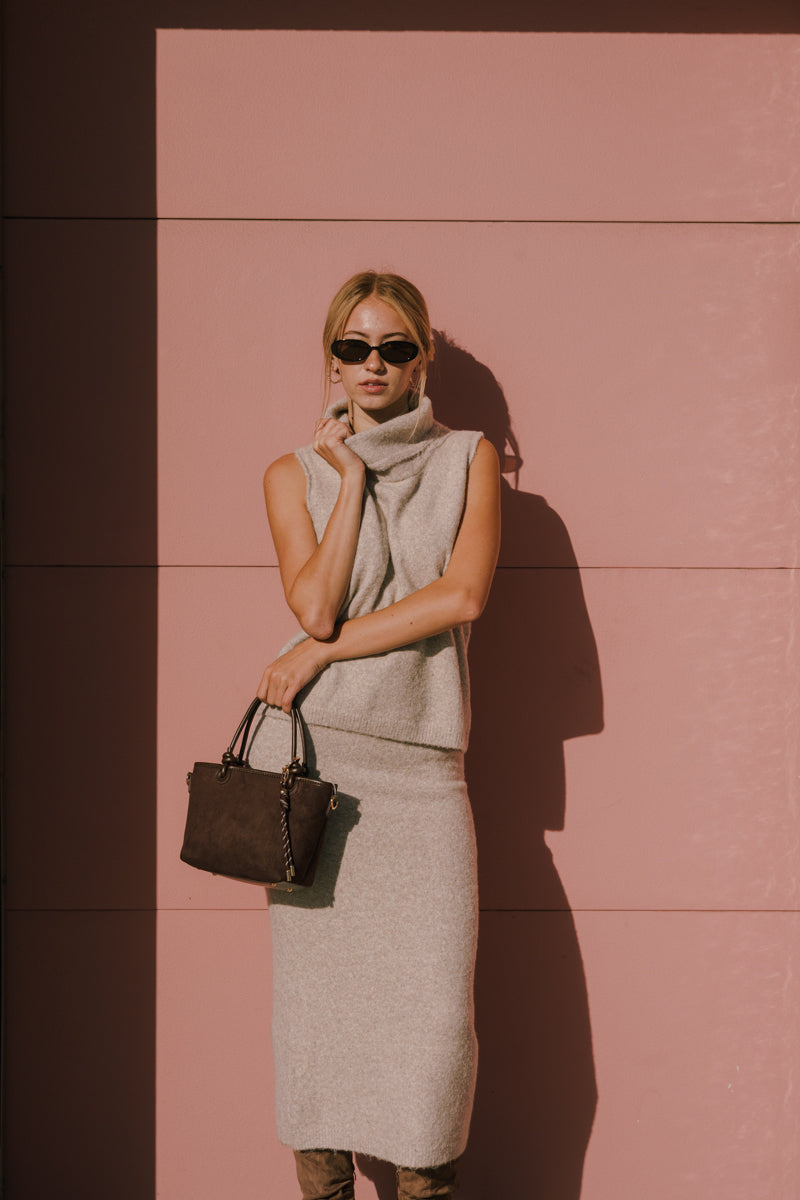 Sleeveless Mock Neck Top And High Waist Maxi Skirt Knit Set Oatmeal