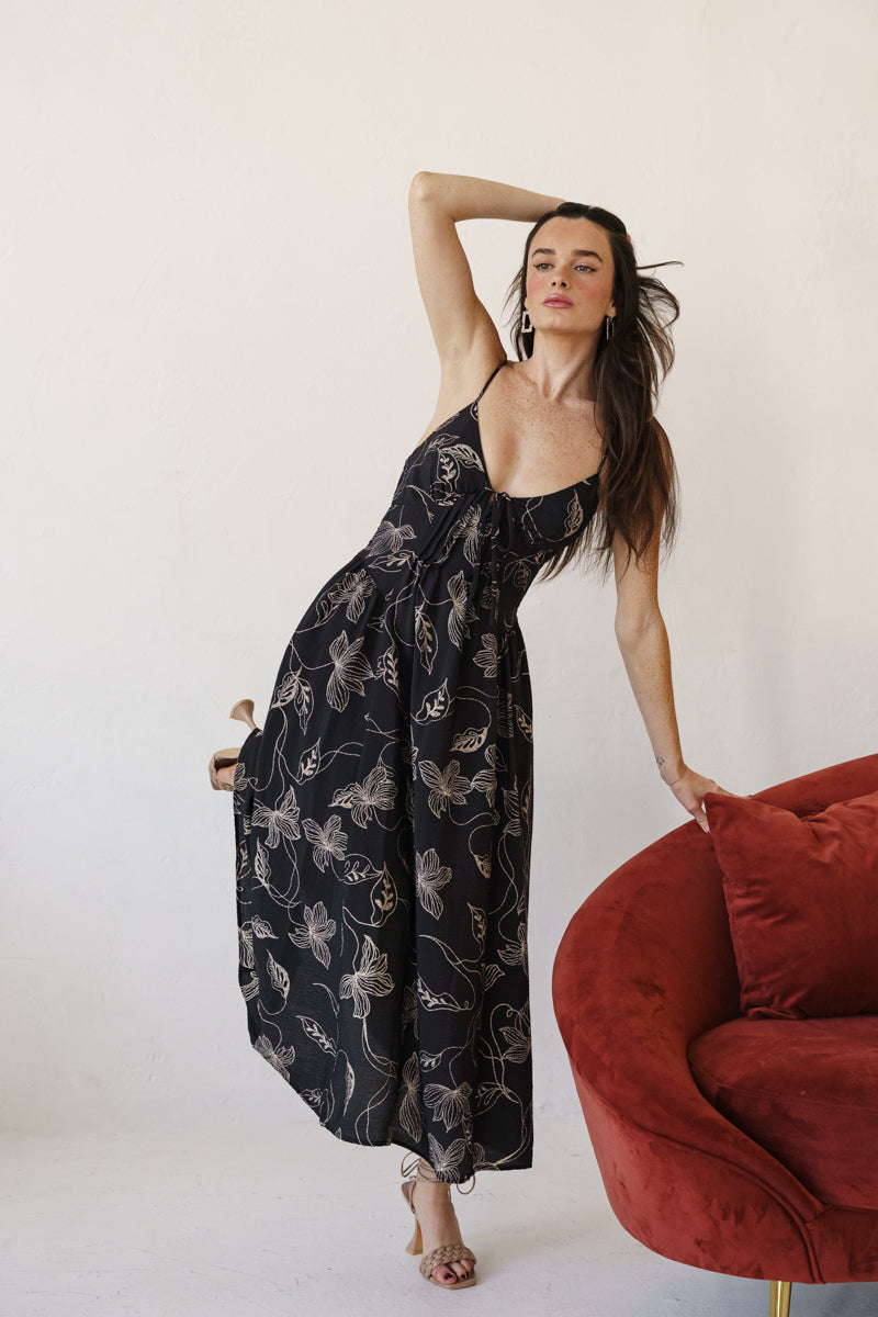 Sleeveless Floral Print Pleated Midi Dress Black