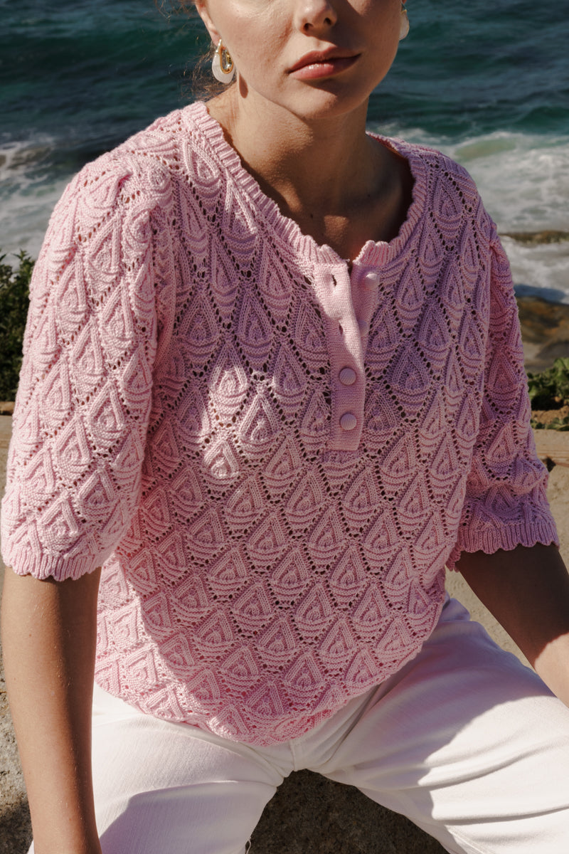 Short Sleeve Button Down Crochet Knit Top Pink
