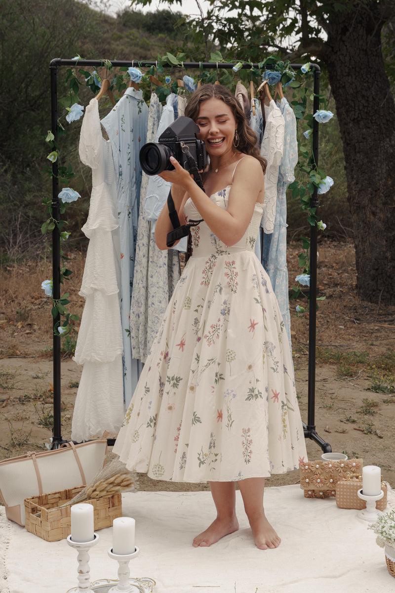 Kelly Sleeveless Floral Print Midi Dress Cream SMALL