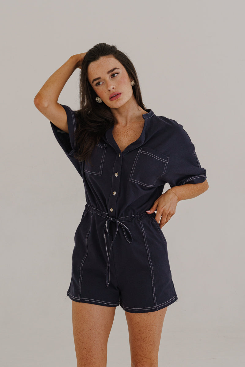 Short Sleeve Button Down Contrast Stitch Waist Tie Romper Navy