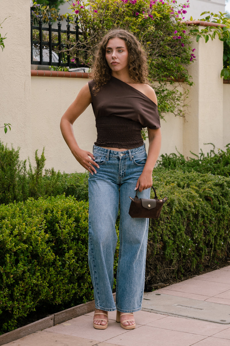 Off The Shoulder Stylish Smocked Top Brown