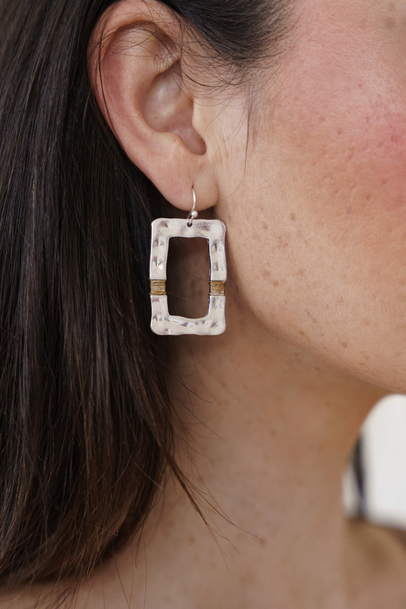 Hammered Metal Drop Rectangle Earrings Silver