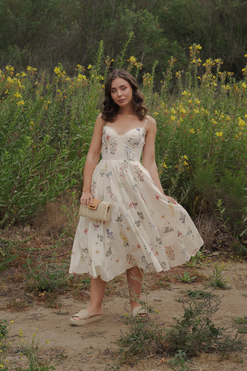 Kelly Sleeveless Floral Print Midi Dress Cream SMALL