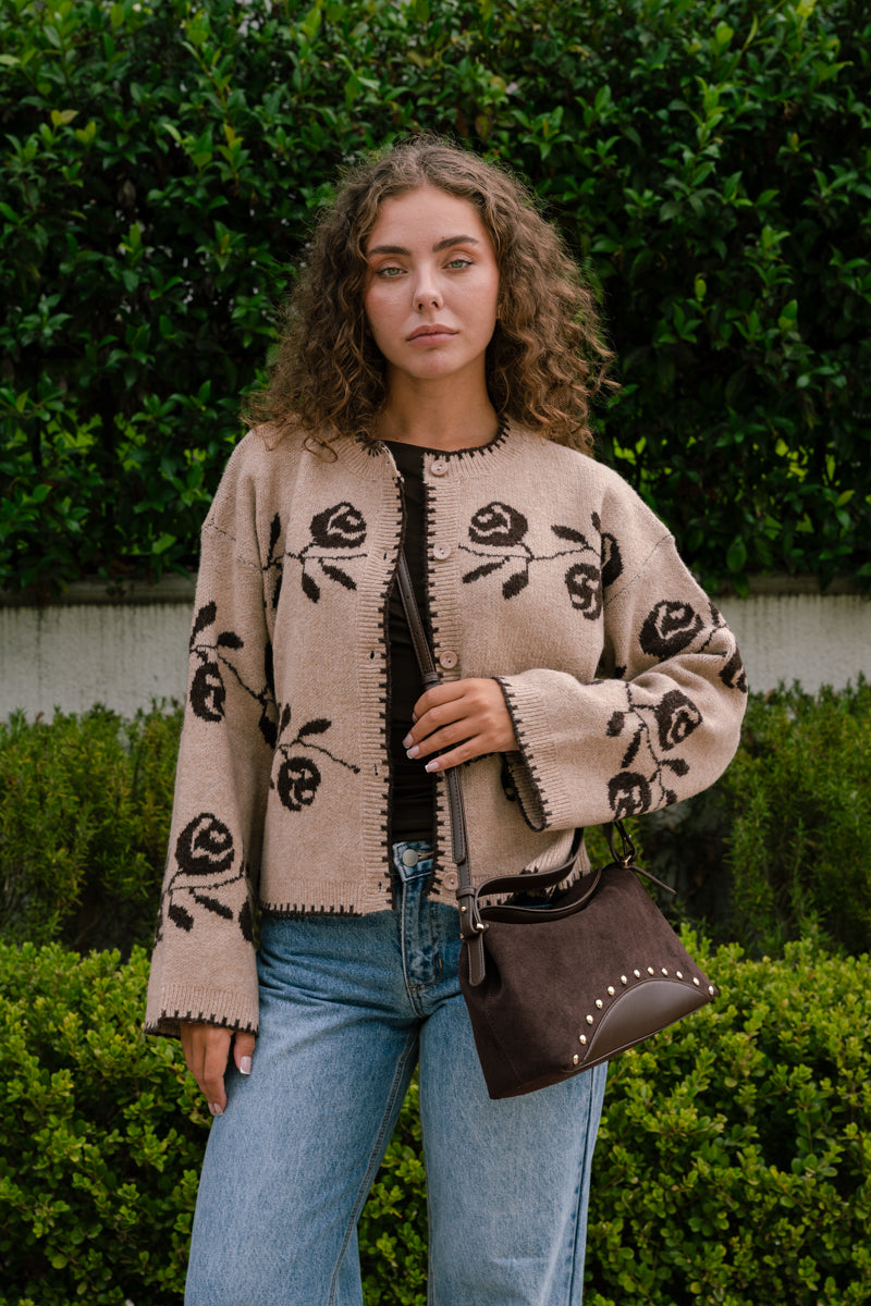 Long Sleeve Button Down Rose Print Knit Cardigan Mocha
