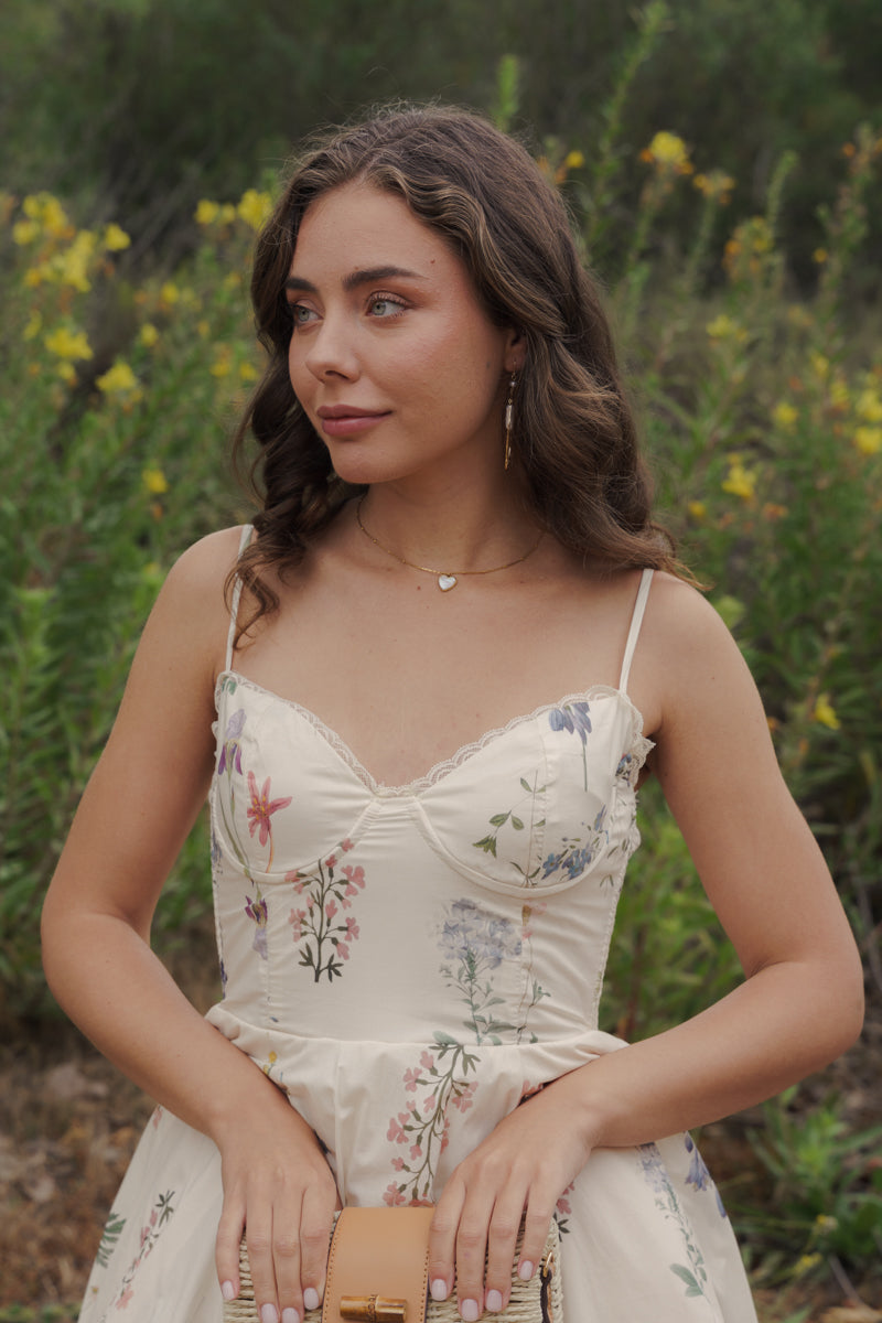 Sleeveless Floral Print Midi Dress Cream