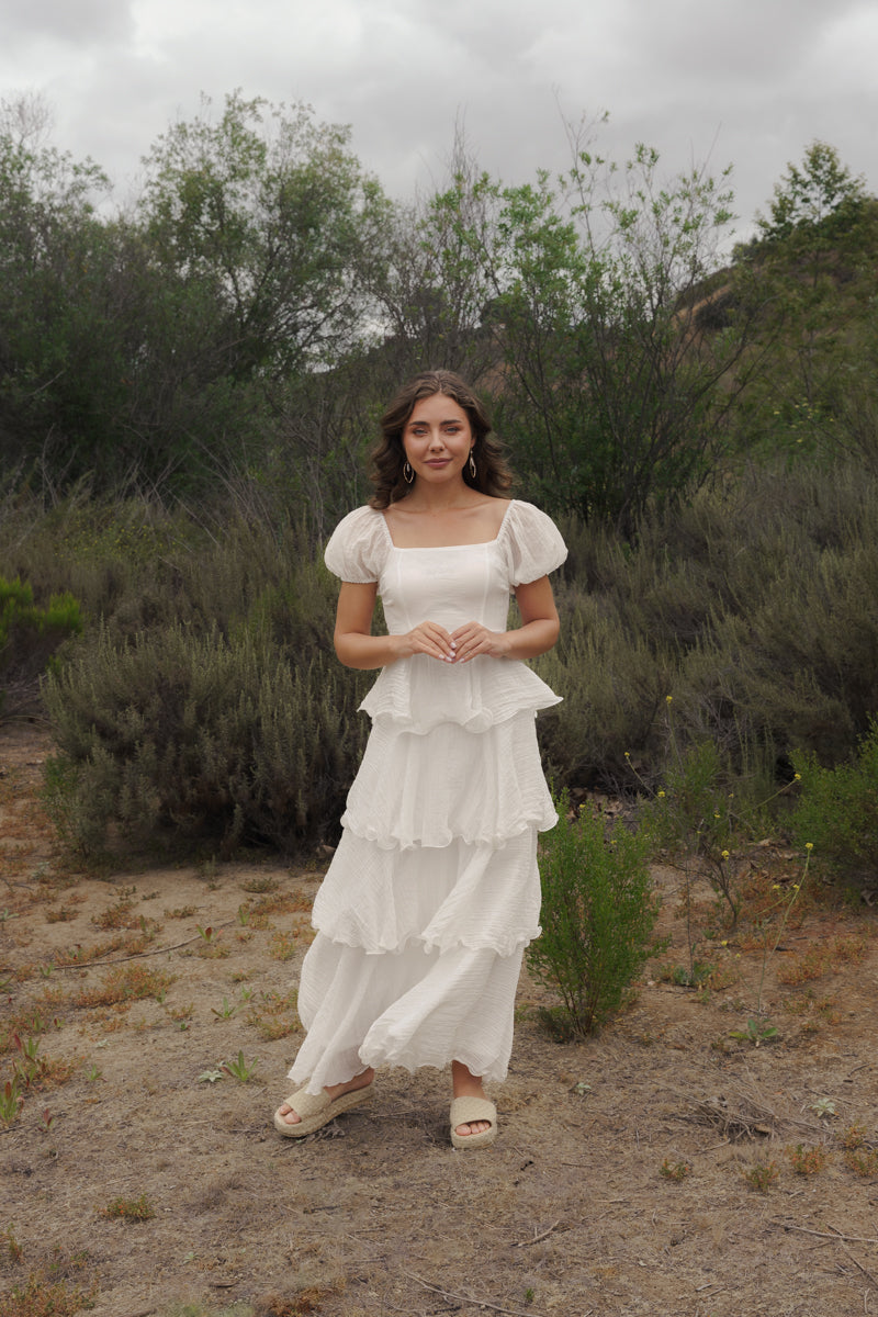 tiered maxi dress with short sleeves Cream/Olive Striped Short Sleeve Tiered Maxi Dress