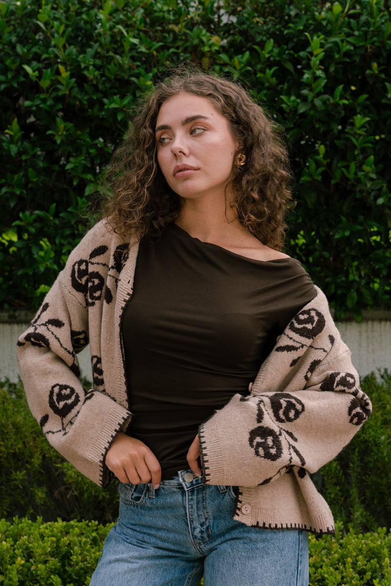 Long Sleeve Button Down Rose Print Knit Cardigan Mocha