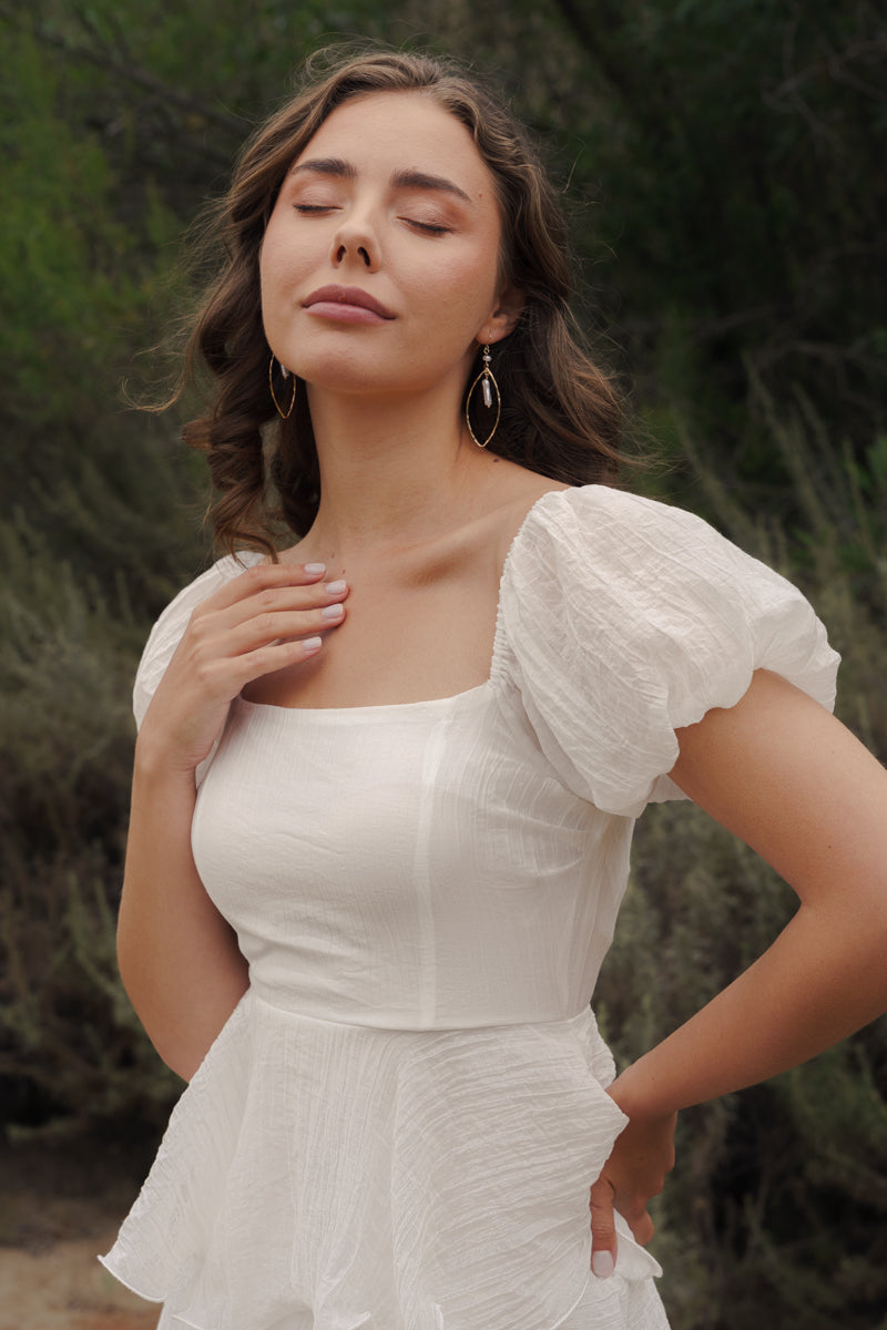 Short Puff Sleeve Tiered Maxi Dress White