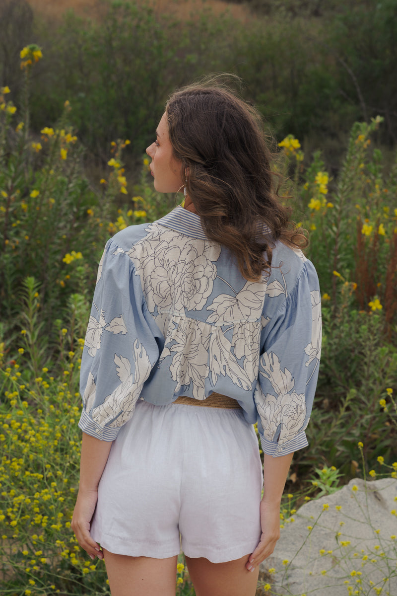 Dorothy 3/4 Sleeve Button Down Floral Print Top Blue – Miss Match