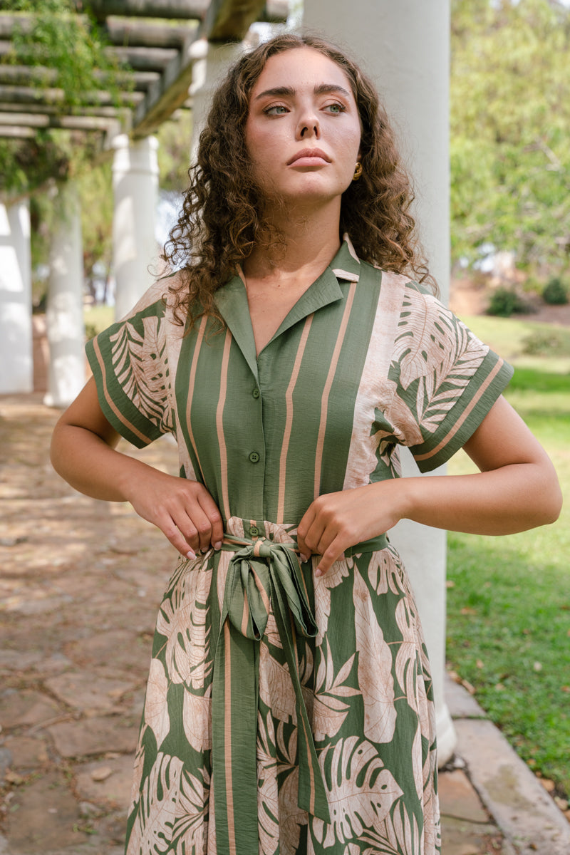 Short Sleeve Waist Tie Palm Boarder Print Maxi Dress Olive
