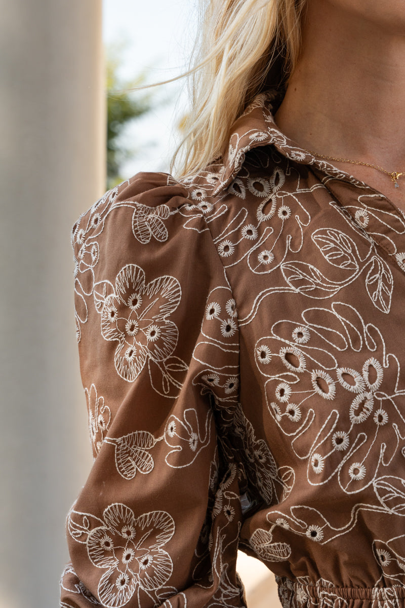 Long Sleeve Floral Print Mini Dress Brown