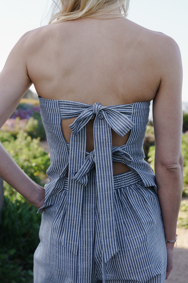Sleeveless Back Tie Tube Top And Wide Leg Stripe Print Set Navy