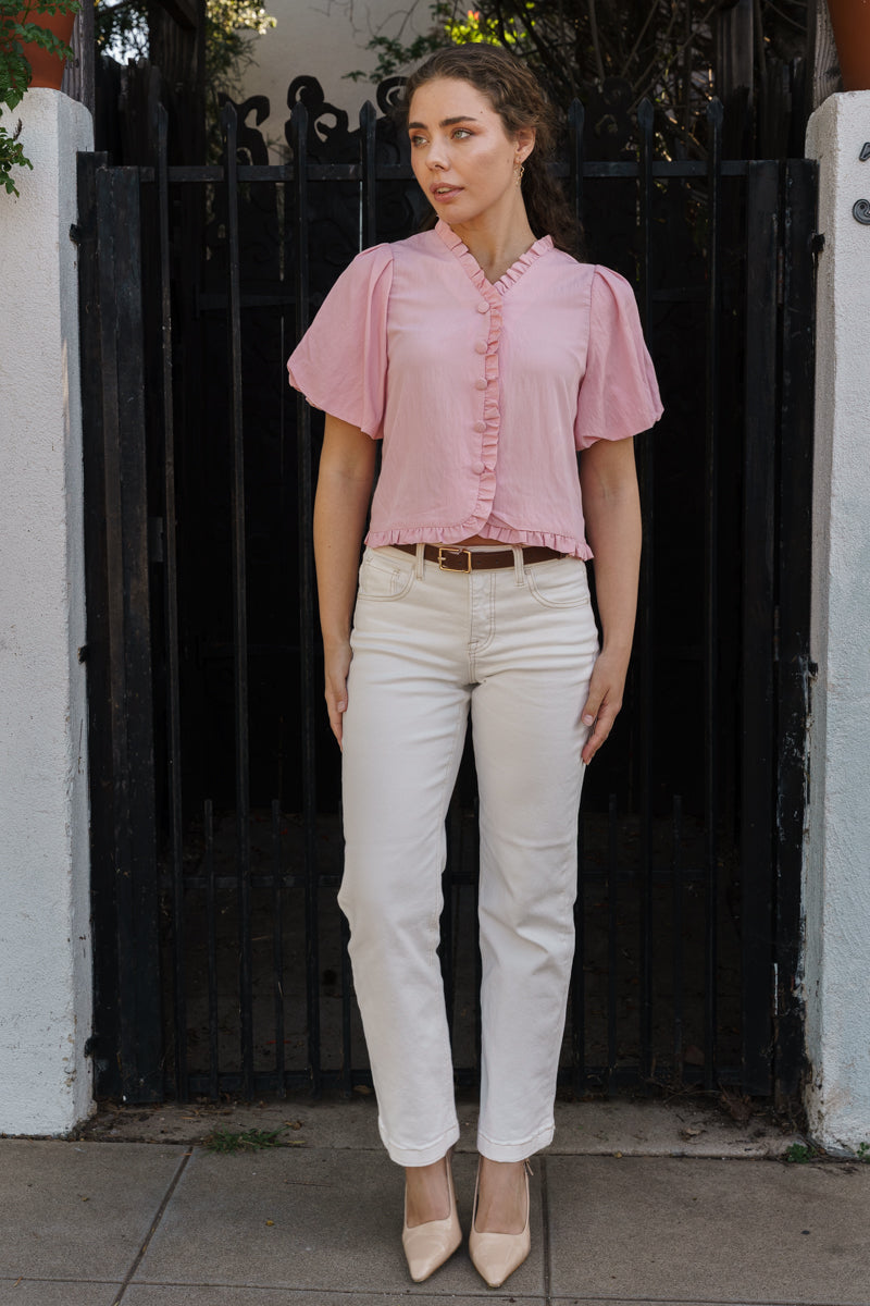 Short Bubble Sleeve Button Down Ruffle Top Pink