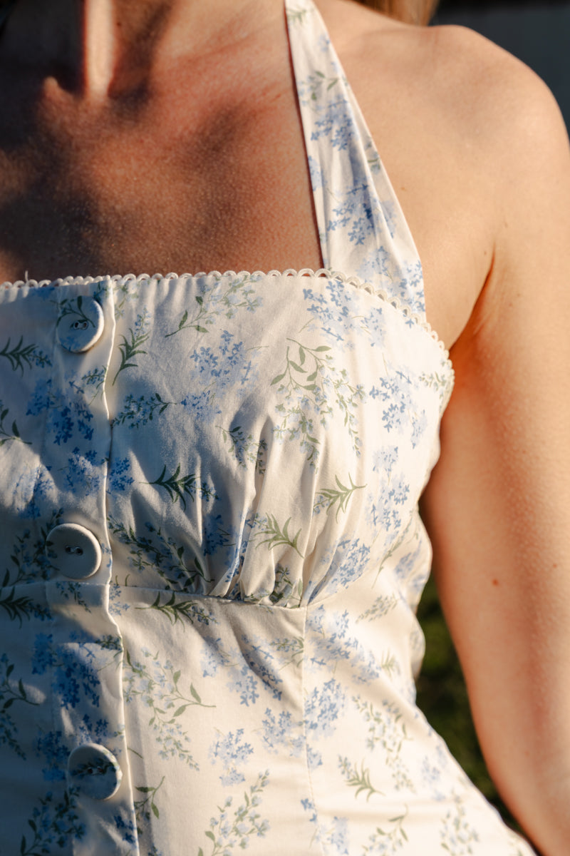 Sleeveless Halter Floral Print Midi Dress Blue