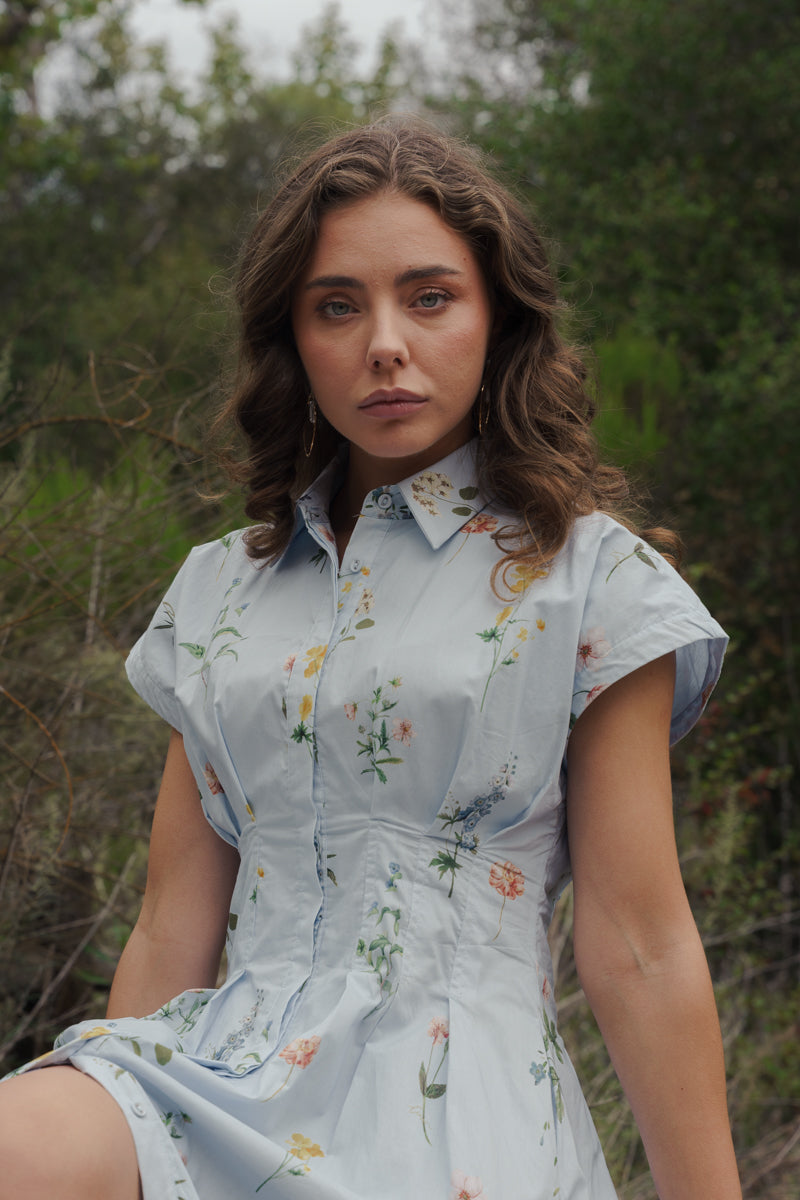Sleeveless Button Down Floral Print Midi Dress Blue