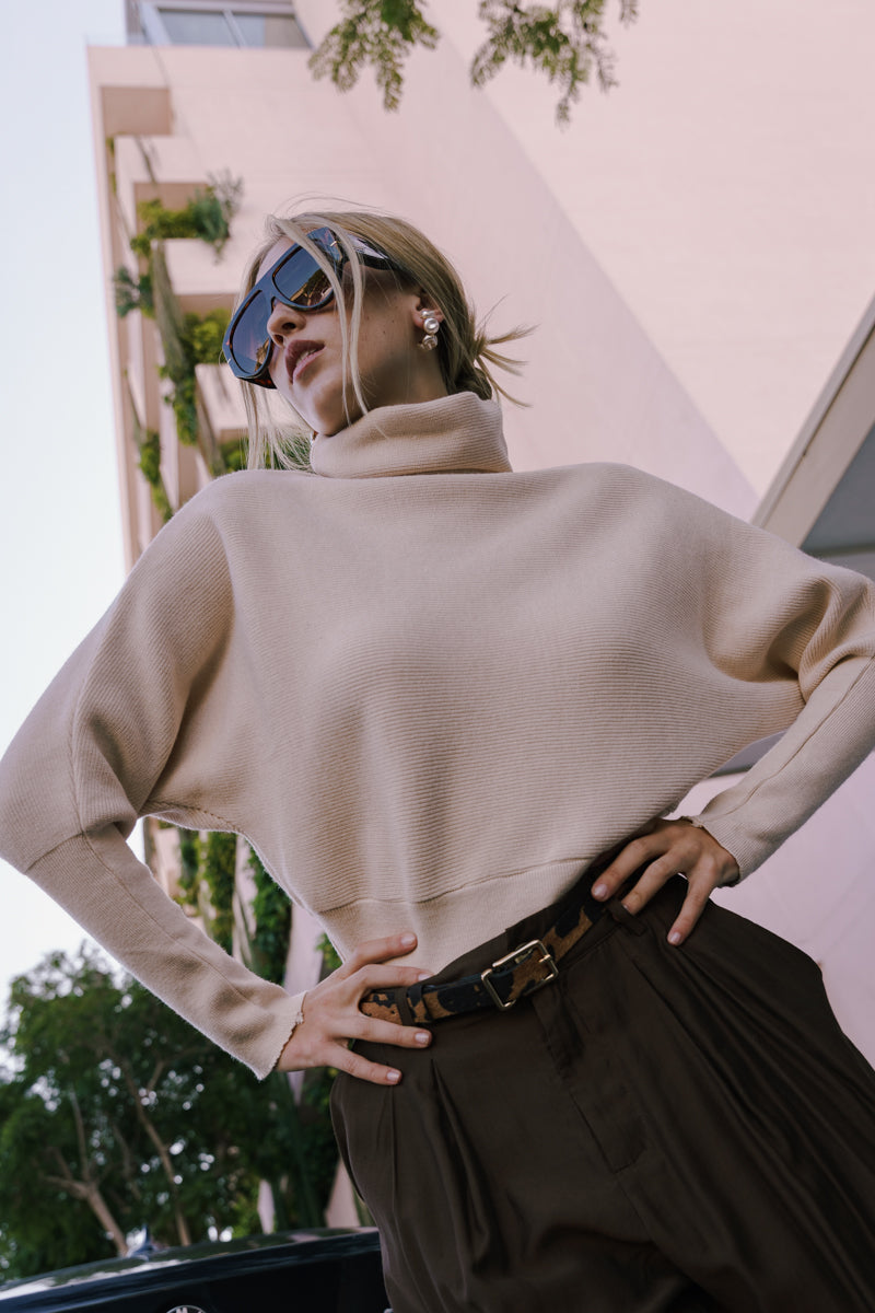 Long Sleeve Turtleneck Ribbed Knit Sweater Cream