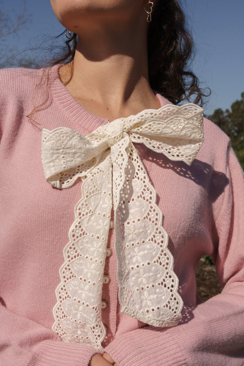 Long Sleeve Lace Bow Button Down Knit Cardigan Pink