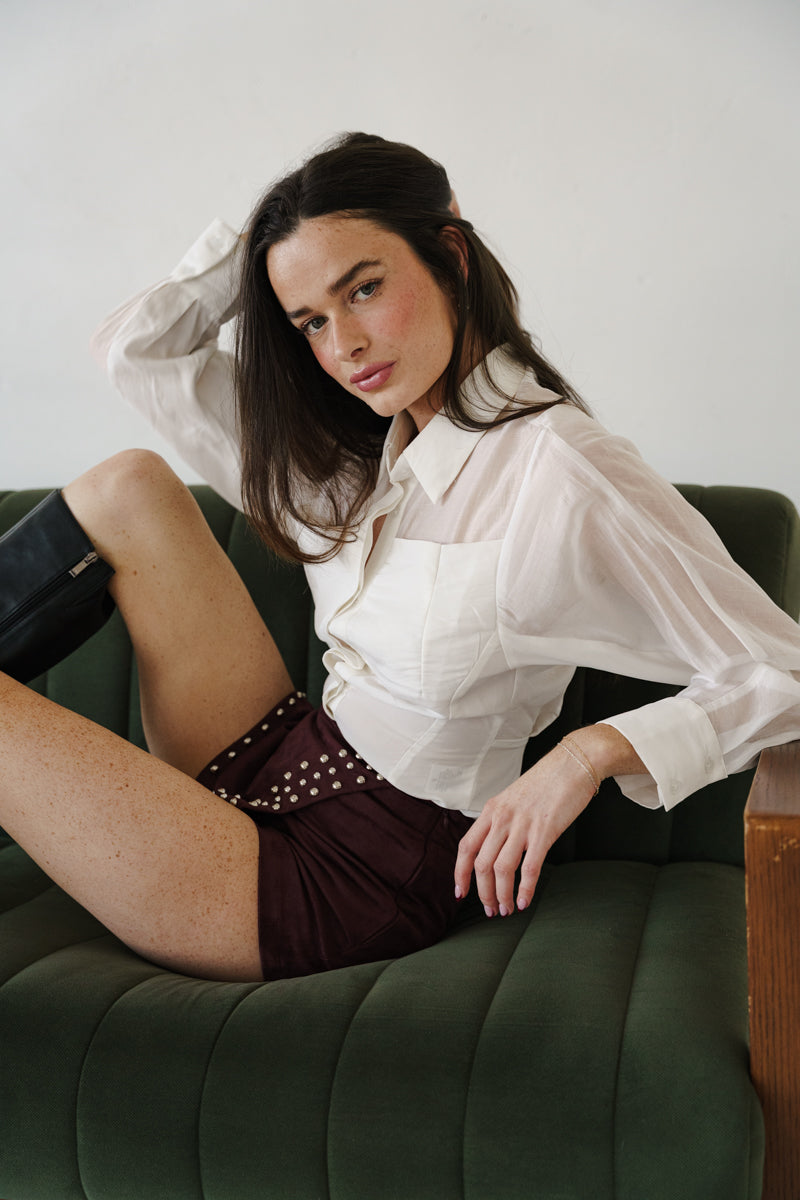  Long Sleeve Button Down Sheer Top White