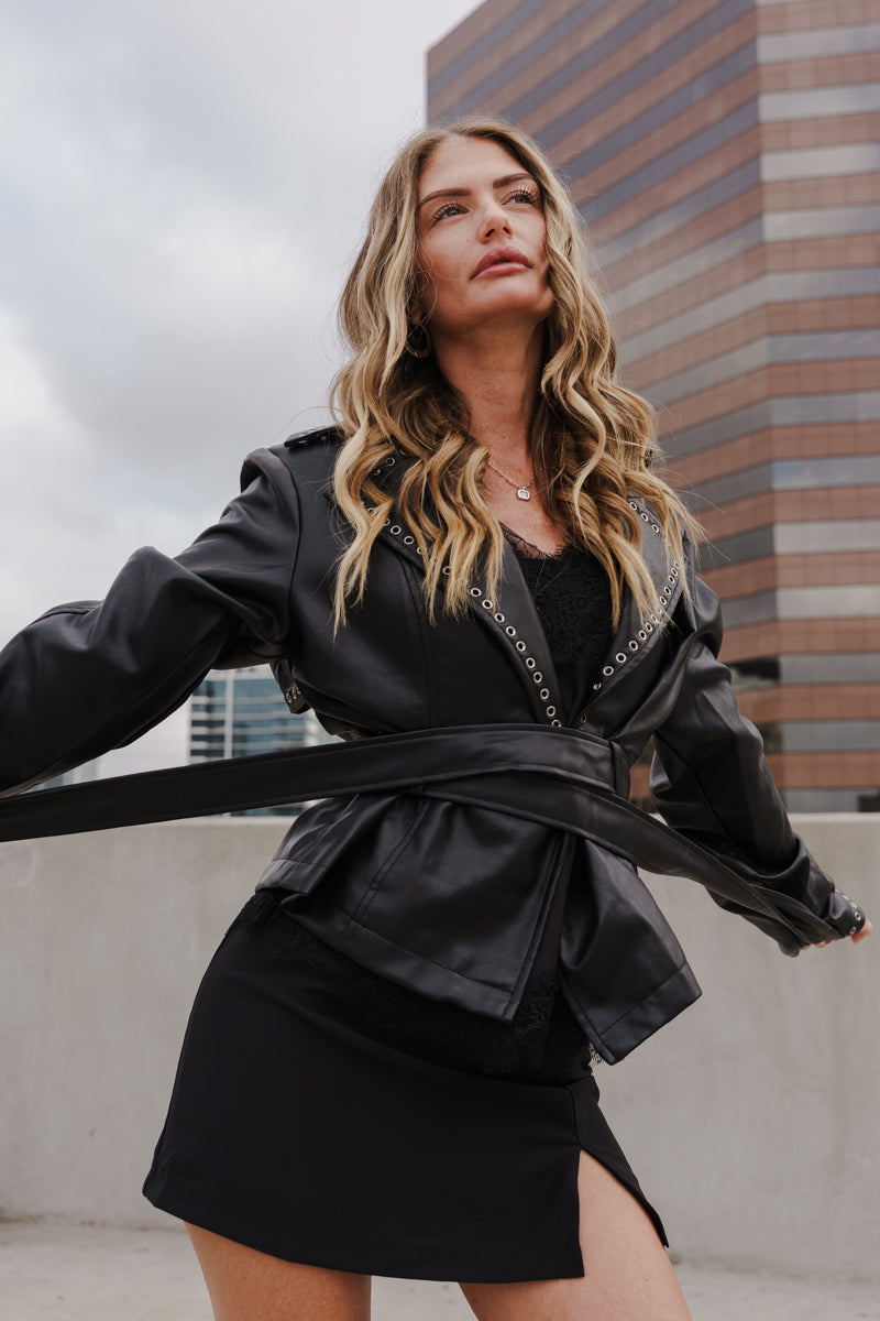  Long Sleeve Faux Leather Contemporary Studded Wrap Jacket Black