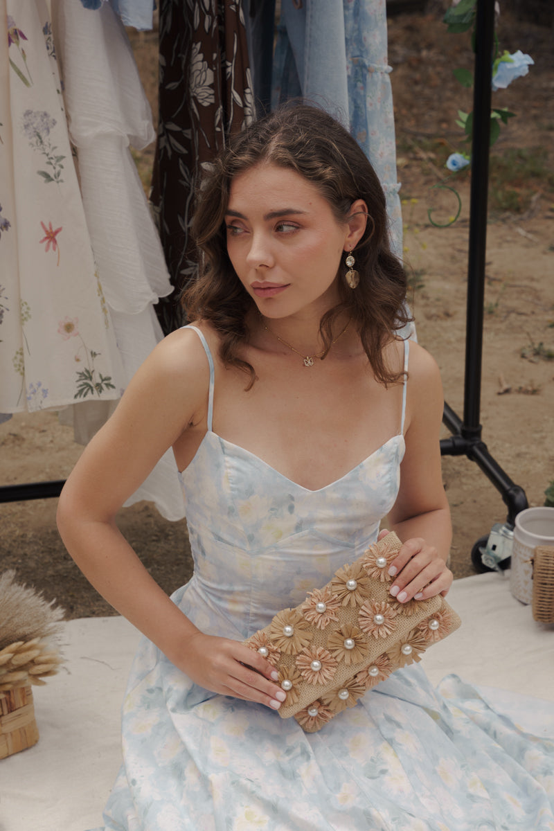 3D Floral And Pearl Raffia Clutch Natural