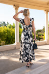 Ruffle Sleeve Back Tie Floral Print Maxi Dress Black