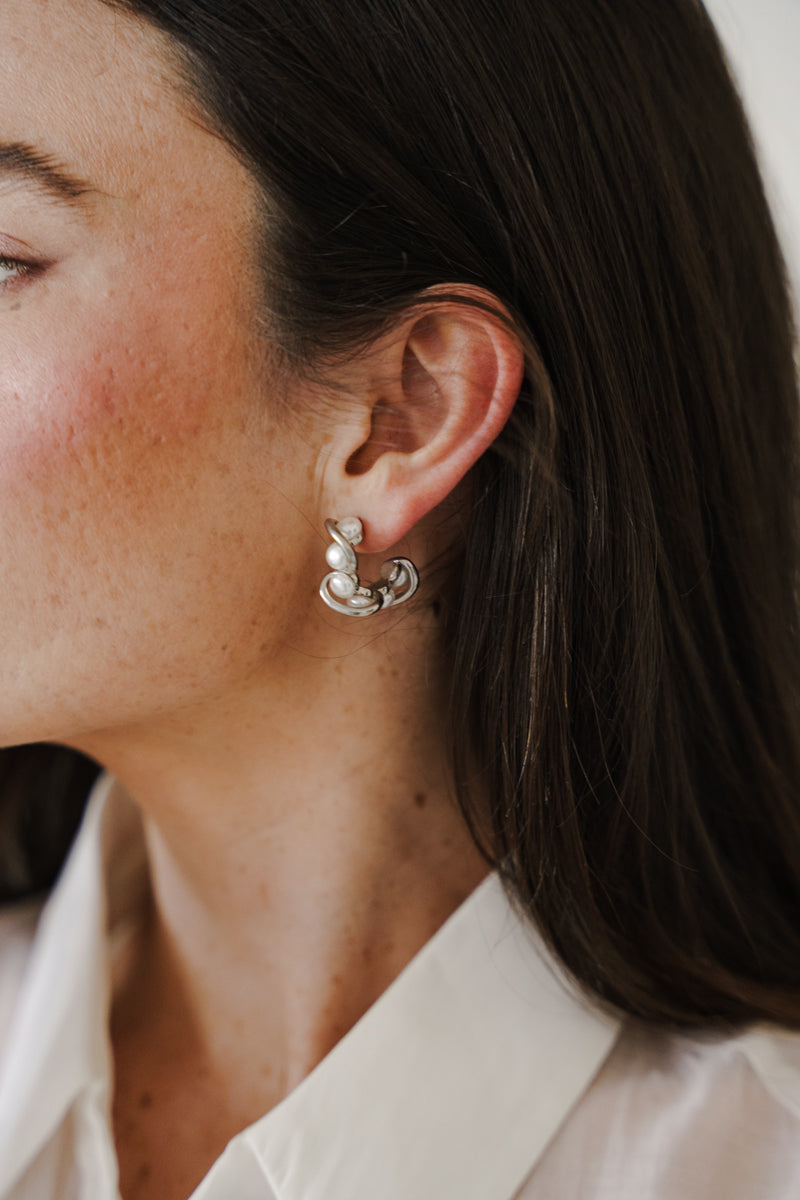 Twisted C Hoop Pearl Earrings Silver